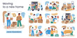 © Elena - Vector collection of scenes about moving, buying and preparing new home. People pack boxes, carry furniture, load truck, paint walls, plan renovation, hold house keys. Cartoon illustrations set
