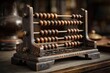 © Selsi - Ornate antique wooden abacus with dark brown beads, resting on a dark wood surface, showing signs of age and wear