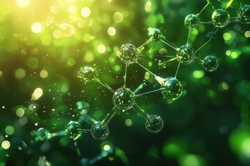 Wall Mural - abstract green molecular structure with glowing connections in a lush natural environment
