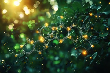 Wall Mural - abstract molecular structure with glowing connections in a lush green forest background