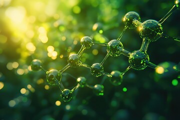 Wall Mural - abstract green molecular structure with glowing connections in a lush natural environment