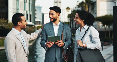Poster - Meeting, happy and business people in city on tablet for talking, teamwork or collaboration on urban development. Discussion, men and woman on digital tech for research, town planning or conversation