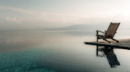 Aufkleber - Wooden Deck Chair Overlooking Infinity Pool and Ocean, Evoking Relaxation and Tranquil Vacation Getaway : Generative AI