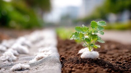 Poster - Young Plant Growing in Soil With Protective Fabric, Symbolizing Sustainable Agriculture and Environmental Stewardship in the Face of Climate Change : Generative AI