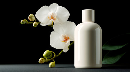 Poster - A sleek white cosmetics bottle stands elegantly on a geometric podium, accompanied by blooming white orchids. The composition highlights elegance and simplicity against a contrasting backdrop.