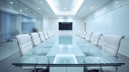 Aufkleber - Empty Modern Conference Room With Glass Table and White Leather Chairs, Representing Corporate Strategy and Business Meeting Space for Teamwork : Generative AI