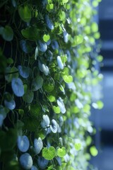 Aufkleber - Vertical Garden Wall With Lush Green Leaves and Blue Tones, Showcasing Sustainable Design and Biophilic Architecture for Urban Green Spaces : Generative AI