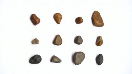 Aufkleber - Twelve smooth stones of varying colors and shapes arranged neatly on a white background