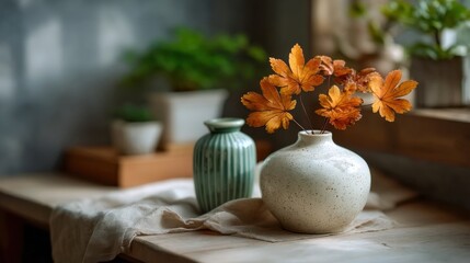 Aufkleber - Autumn Leaves in Vase on Wooden Table, Evoking Simplicity and Seasonal Change for Home Decor and Interior Design Projects : Generative AI