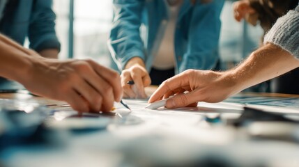 Aufkleber - Team Brainstorming Ideas With Pencils and Eraser on Table, Illustrating Collaboration and Creative Problem Solving in Business Strategy Meetings : Generative AI