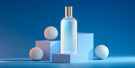 Leinwandbilder - This composition features a sleek cosmetic bottle placed elegantly on a geometric podium.