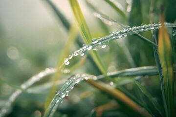 Poster - Dew Drops Clinging to Blades of Grass in Morning Light, Symbolizing Freshness and Environmental Awareness for Sustainable Living Campaigns : Generative AI