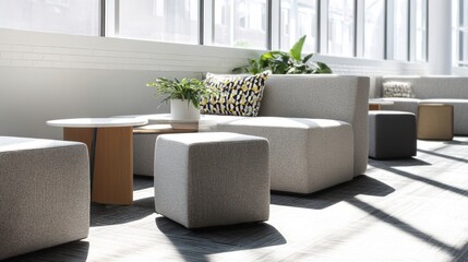 Fototapete - Modern Office Lounge Area With Modular Seating and Plants, Illustrating Workplace Comfort and Employee Wellbeing in Interior Design : Generative AI