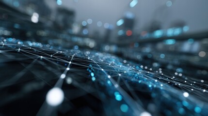 Poster - Abstract Network of Interconnected Nodes Over Cityscape, Representing Digital Transformation and Global Connectivity for Business Solutions and Innovation : Generative AI