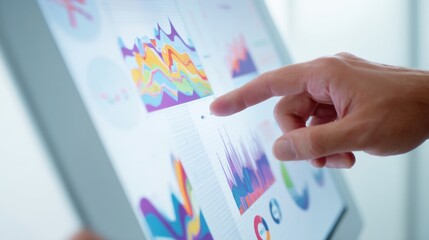 Fototapete - Hand Touching Colorful Data Charts on a Screen, Illustrating Business Intelligence and Financial Analysis for Strategic Planning, and Data Visualization : Generative AI