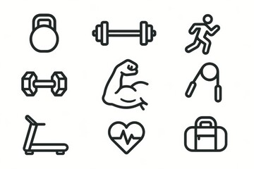 Poster - Various Gym Equipment and Fitness Activities Including Weights and Running Shoes Displayed in a Creative Layout for Workout Inspiration
