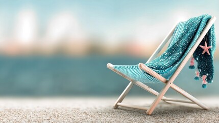 Poster - Empty Beach Chair with Blanket and Starfish Ornament, Representing Summer Relaxation and Vacation Getaway Planning, Perfect for Travel and Leisure Advertising : Generative AI