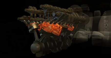 Poster - Wireframe Car Animation with Realistic Working V8 Engine Motion. Industry And Technology Related 3D Animation.