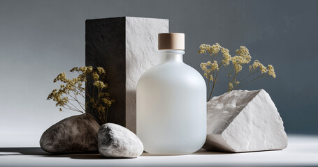 Poster - A minimalist display featuring a frosted glass cosmetics bottle alongside geometric podium shapes. The arrangement includes smooth stones and dried flowers, creating a serene aesthetic.