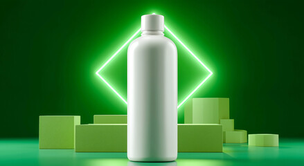 Poster - A white cosmetic bottle stands prominently on a geometric podium. The vibrant green background and neon diamond accent enhance the modern aesthetic, ideal for product branding and design.