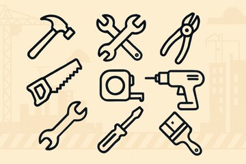 Poster - Tools for Construction Tasks Showcasing Diverse Instruments Including Saw, Hammer, Screwdriver, and Measuring Tape in a Minimalist Design