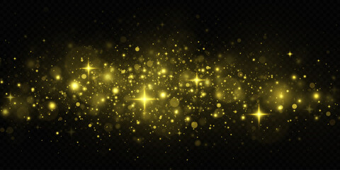 Wall Mural - shimmering golden particles, magical light dust, and glowing stars floating in darkness. festive and