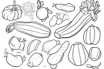 A fun page featuring exotic vegetables like okra, jicama, and bitter melon, outlined in a thick, simple style for kids to color