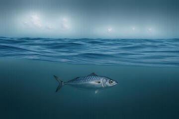 Fototapete - Mackerel Swims Gracefully in Calm Ocean Waters Under a Serene Sky During Twilight Hours