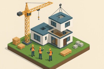 Fototapete - Construction Workers Collaborating on a Modern Building Project With a Crane in a Residential Area