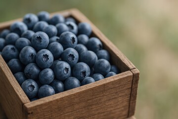 Aufkleber - Freshly Harvested Blueberries Gathered in a Rustic Wooden Box on a Sunny Day in a Garden