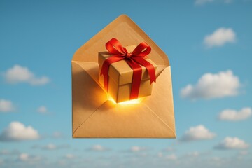 Aufkleber - Gift Box Emerging From an Envelope Against a Blue Sky With Clouds in the Background