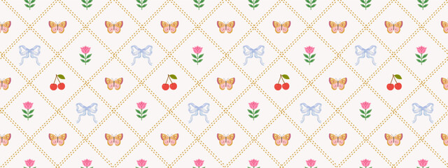seamless cute french floral and butterfly pattern with cherry, flower, bow, and tulip. ideal for kid