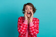 © deagreez - Photo of good mood positive lady wear pink cardigan arms mouth shouting anoouncement isolated teal color background