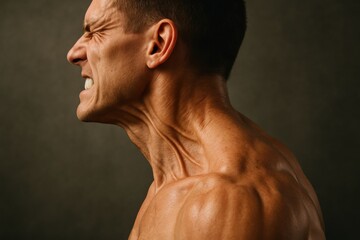 Aufkleber - Muscular Man Exhibiting Intense Expression During Workout Session at Gym Focusing on Strength Training and Physical Effort