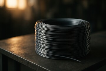 Aufkleber - Coiled Black Wire Placed on a Dark Wooden Surface in a Softly Lit Environment During Evening Hours