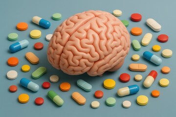 Aufkleber - Model of a Human Brain Surrounded by Various Pills and Capsules on a Blue Background Symbolizing Health and Wellness