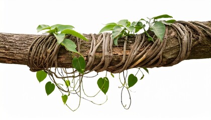 messy jungle vines liana plant climbing hanging on jungle tree trunk and twisted around tree branch isolated on white background