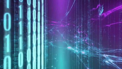 Abstract binary code stream with futuristic digital network data visualisation in neon blue and purple colors