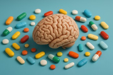 Poster - Brain Model Surrounded by Various Colorful Pills and Capsules on a Blue Background Showcasing the Relationship Between Mental Health and Medication