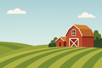 Fototapete - Red Barn Surrounded by Green Fields and Blue Sky in a Rural Setting During the Day