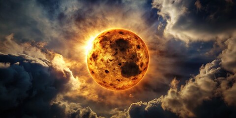 Wall Mural - Darkening of sun in cloudy sky with rounded dark spots on surface, space, daytime,  space