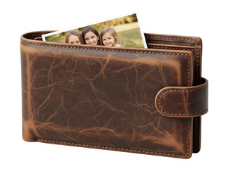 realistic brown leather wallet with visible signs of use, slightly open to reveal family photo insid