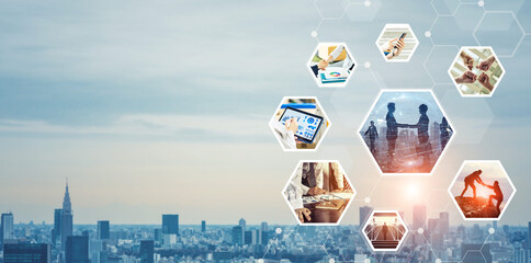 Aufkleber - Collage of various business concepts. Wide angle visual for banners or advertisements.