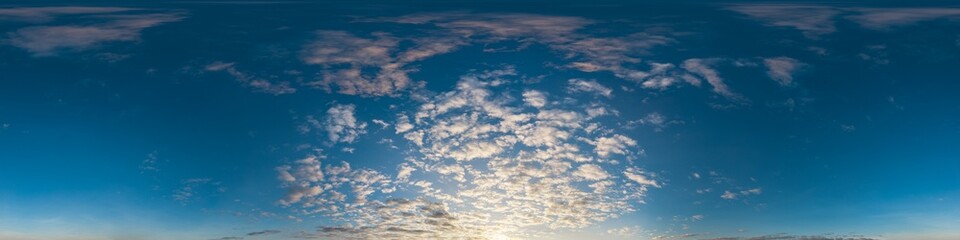 Wall Mural - 360 panorama of glowing sunset sky with bright pink Cumulus clouds. HDR 360 seamless spherical panorama. Full zenith or sky dome sky replacement for aerial drone panoramas. Climate and weather change.
