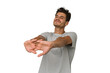 © Asier - Young handsome caucasian man isolated on white background stretching arms, relaxed position.