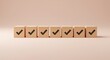 © ROSARIO - Seven Wooden Cubes with Checkmarks on Pale Background