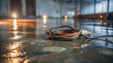 A lone coiled electrical cord rests on a wet concrete floor illuminated by soft, golden light.