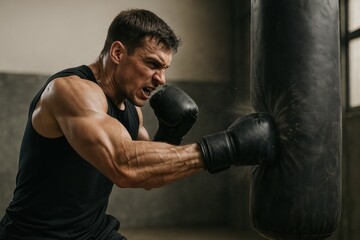 Aufkleber - Intense Boxing Training Session Inside a Gym Focused on Improving Technique and Strength During a Morning Workout
