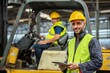 © BESTIMAGE - Portrait of forklift truck driver man smiling in old factory warehouse lifting pallet in storage shipping. forklift truck driver mail inside old forklift smiling to worker employee in warehouse store.