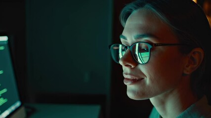 Asian woman programmer focused on coding at night in modern tech environment